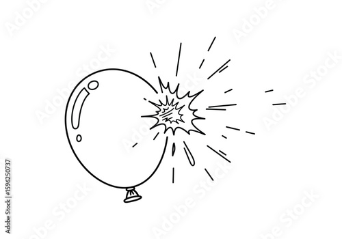 Balloon pop drawing. It is a black and white outline image of a balloon popping with a burst effect, conveying sudden action and sound. Vector sketch line art draw.