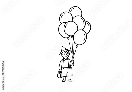 Balloon seller drawing. It is a black and white outline image of a happy boy selling balloons, depicting a joyful scene. Vector sketch line art draw.