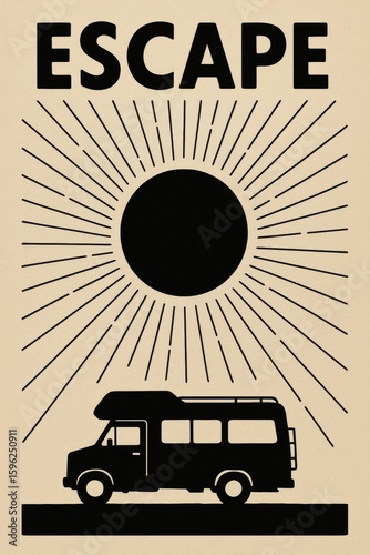 Vintage road trip poster with camper van under bold sun rays, ideal for travel, freedom, and adventure themes.

