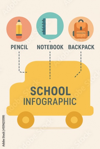 Flat design illustration of school essentials with pencil, notebook, backpack, and bus, ideal for education and back-to-school themes.

