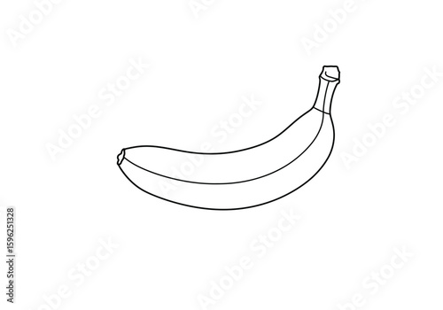 Banana drawing. It is a black and white outline image of a single banana fruit, highlighting its characteristic curved shape and stem. Vector sketch line art draw.