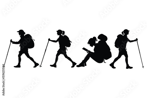 Four hikers with backpacks and trekking poles in a silhouette style