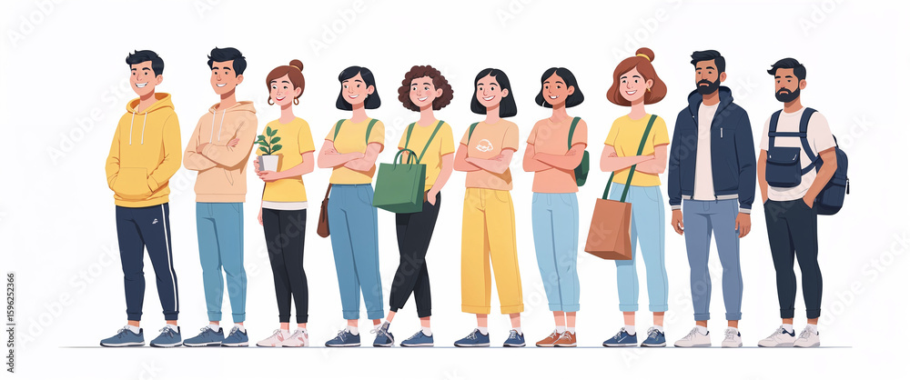 Obraz premium Diverse group of young adults standing in a row representing community and diversity