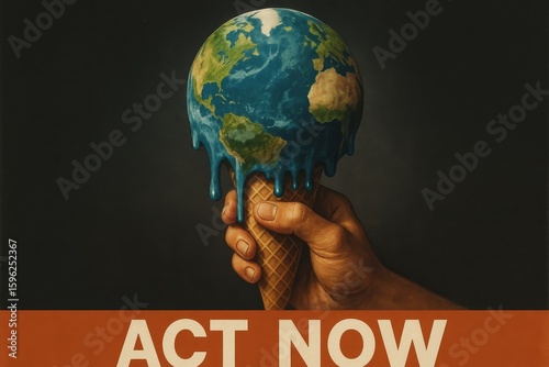 Melting Earth held like an ice cream cone, symbolizing climate change and urgent need for global environmental action.

