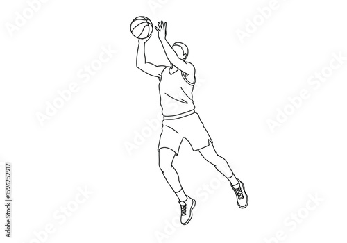 Basketball shooting drawing. It is a black and white outline image of a basketball player in mid-air, shooting the ball towards the hoop. Vector sketch line art draw.