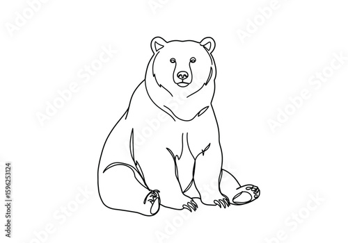 Bear sitting drawing. It is a black and white outline image of a bear in a sitting position, exuding a sense of calm and power. Vector sketch line art draw.