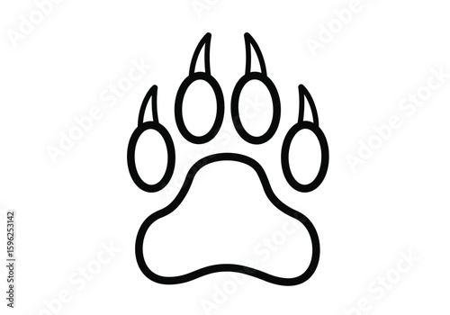 Bear paw drawing. It is a black and white outline image of a bear's paw with claws, representing the animal's powerful presence. Vector sketch line art draw.