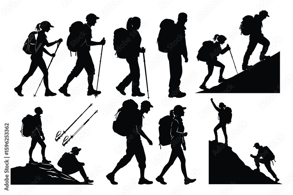 Obraz premium Diverse group of hikers in various poses depicted in a striking black silhouette