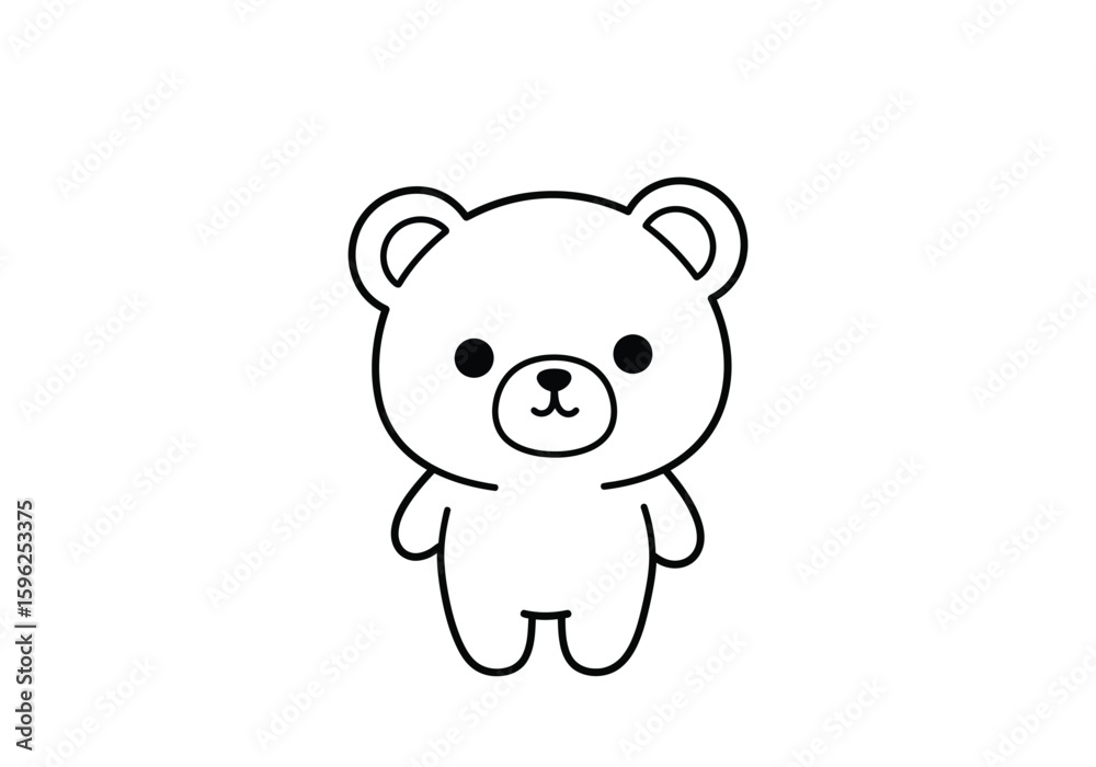 Naklejka premium Kawaii bear drawing. It is a black and white outline image of a cute and charming kawaii style bear, featuring simple and adorable features. Vector sketch line art draw.