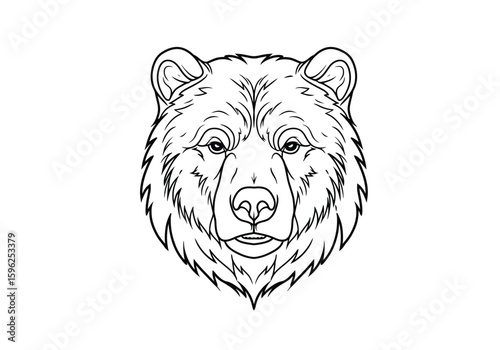 Grizzly bear face drawing. It is a black and white outline image of a grizzly bear's face, showcasing its powerful and rugged features. Vector sketch line art draw.