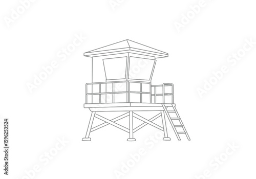 Lifeguard tower drawing. It is a black and white outline image of a lifeguard stand or observation post, commonly found on beaches for safety. Vector sketch line art draw.