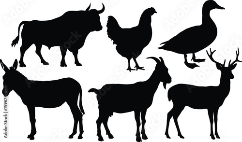 Collection of farm and wild animal silhouettes including bull chicken donkey goat duck and deer