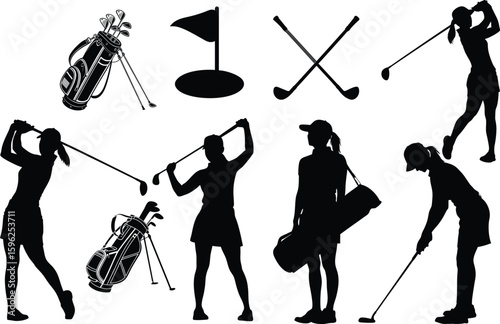 Collection of female golfers in various poses and actions silhouette