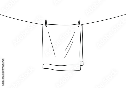 Beach towel drawing. It is a black and white outline image of a towel hanging on a line with clothespins, suggesting drying or laundry. Vector sketch line art draw.