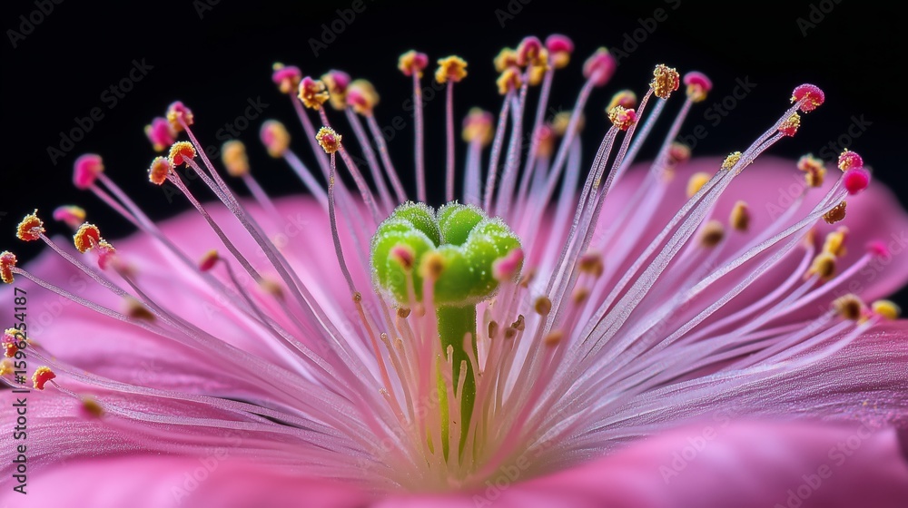 Obraz premium Close-up view of a vibrant pink flower showcasing intricate details of its petals and stamen