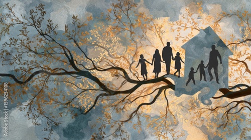Silhouetted figures and house atop tree branch set in golden ethereal dreamscape