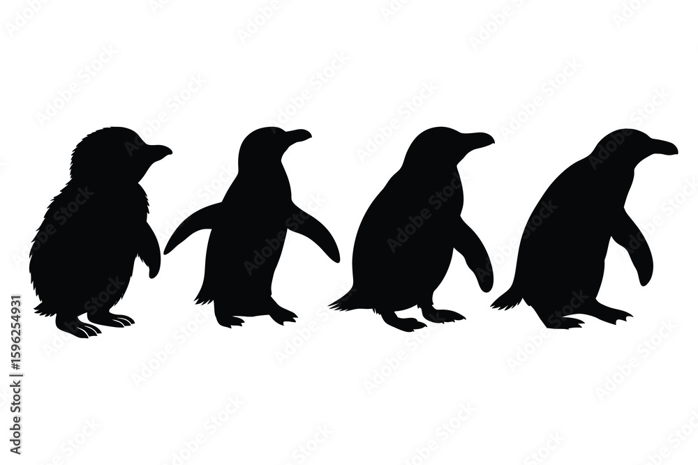Naklejka premium Four black penguin silhouettes standing in a row against a white background