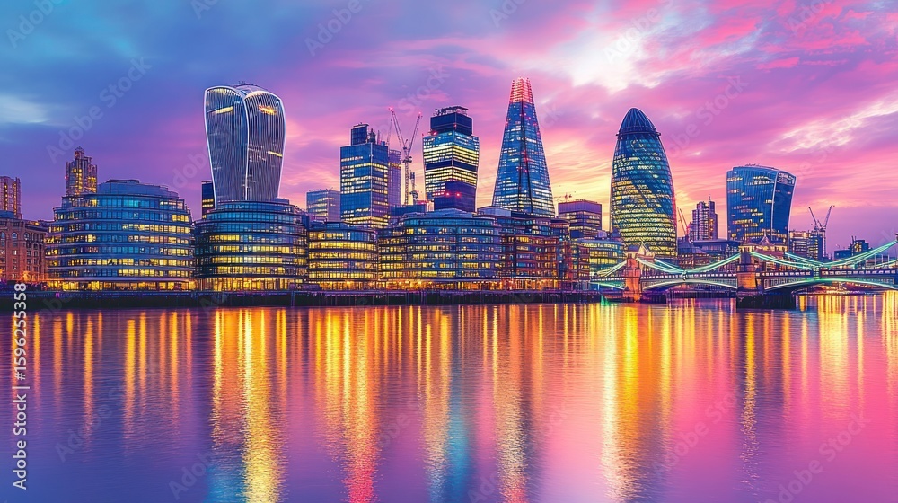 Naklejka premium London skyline at vibrant sunset, reflecting city lights