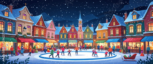 Winter wonderland festive illustration featuring people ice skating and christmas shopping