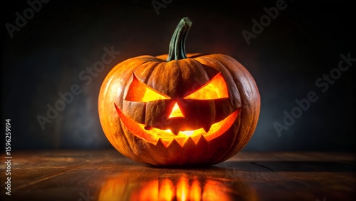 Photo of a carved halloween pumpkin jack o lantern with a scary face glows intensely with light on a wooden surface