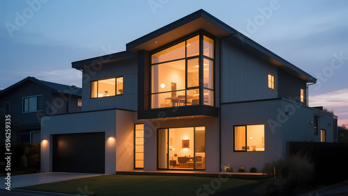 Modern two-story house with illuminated windows at dusk