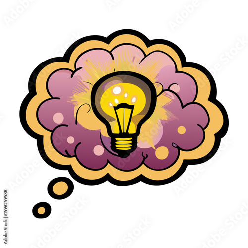 Thought bubble with light bulb concept in comic book style, pop art, isolated vector image on transparent background  