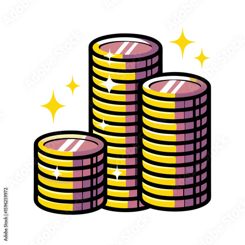 Stacked coins shining with sparkle in comic book style, pop art, isolated vector image on transparent background 