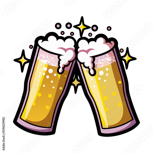 Two clinking beer glasses with foam in comic book pop art style, isolated vector image on transparent background  