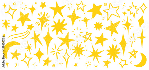 Crayon Star and Moon Doodle Set in Hand-Drawn Style. Includes Spark Yellow Stars