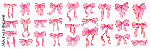 Set of pink coquette bows in vector style. Cute bow clipart for fashion, present, romantic cards, girly decor