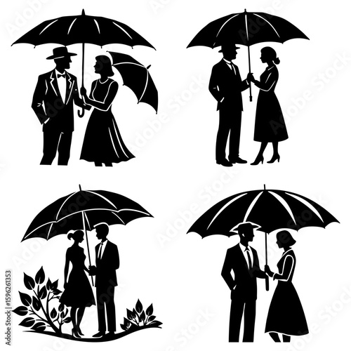 Silhouetted couples under umbrellas in various romantic poses and settings on a white background scene