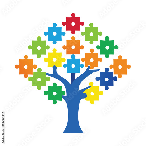 Autism awareness puzzle tree symbolizing neurodiversity and inclusion for banner or advertisement design
