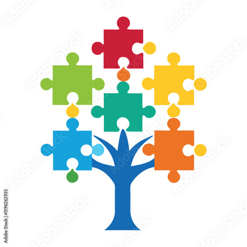 Autism awareness tree symbolism created from colorful interlocking puzzle pieces for banner design