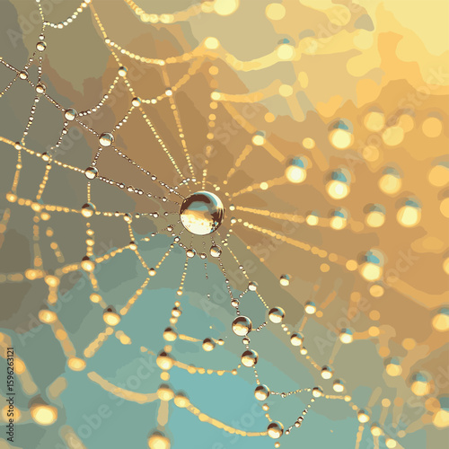 a close up of dewdrops on a spider web with morning light, vector style simple color