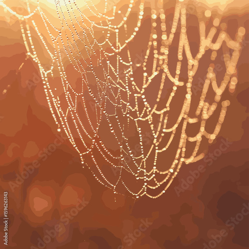 a close up of dewdrops on a spider web with morning light, vector style simple color