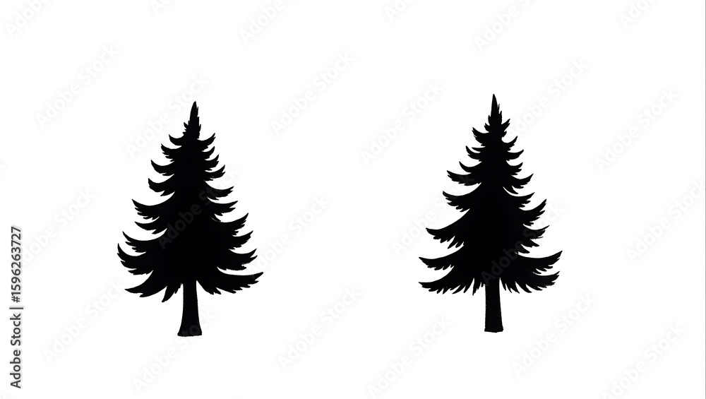 Obraz premium Two Pine Tree Silhouettes on White Background for Christmas or Winter