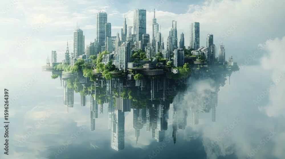 Fototapeta premium Floating city reflected in a hazy sky landscape.