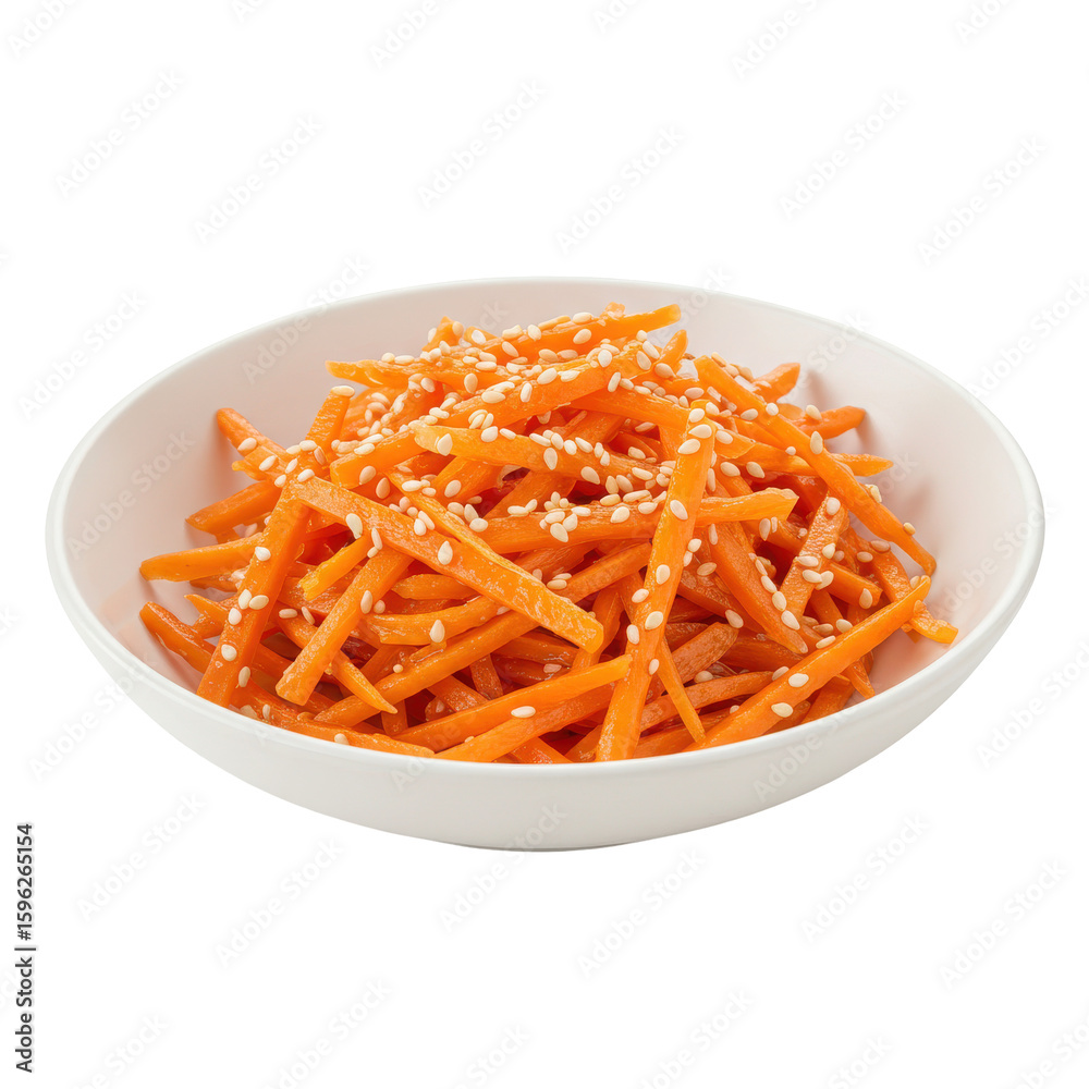 Vibrant Carrot Salad with Sesame Seeds in a White Ceramic Bowl. Vibrant Carrot Salad with Sesame Seeds in a White Ceramic Bowl.