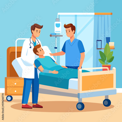 Doctor and nurse attending to a patient resting in a hospital bed.