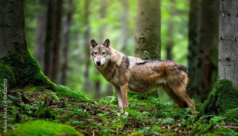 Fototapeta premium green wolf in forest