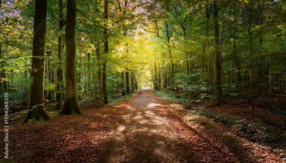 Obraz premium straight dirt path runs through a dense green forest the ground is layered with dry autumn leaves and soft sunlight glows at the end of the trail