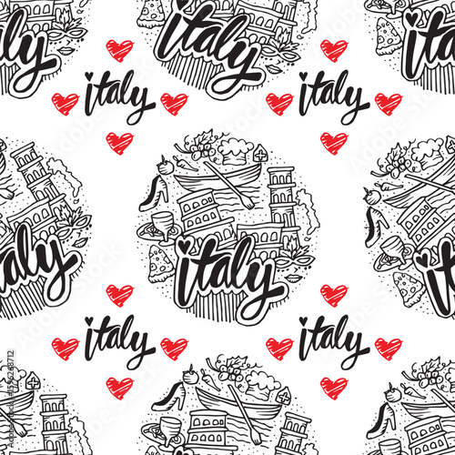 Travel to Italy seamless pattern with hand lettering. Vector illustration.