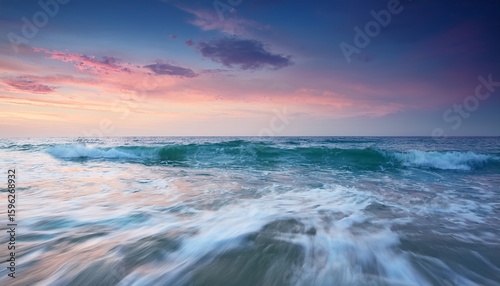 serene ocean waves at sunrise with gentle pastel sky