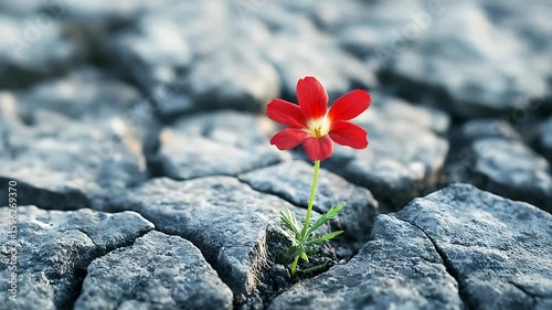 A vibrant red flower emerging from cracked, dry earth, symbolizing resilience in a barren landscape