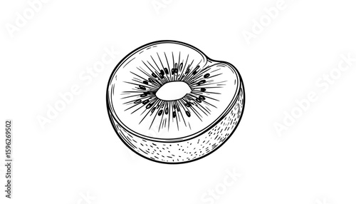 Hand-drawn black line art of two halved kiwi fruits, showcasing the distinctive seeds and inner texture