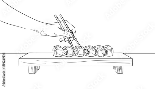 A sketchy drawing hand using chopsticks to pick up a piece of sushi from a row of rolls arranged on a wooden board