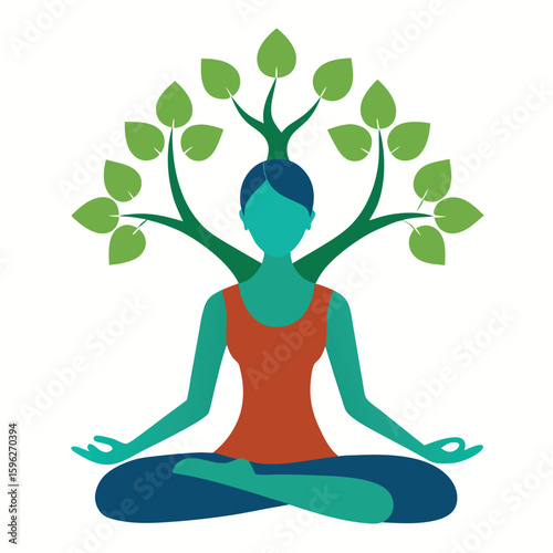 Serene woman meditating peacefully beneath a vibrant flourishing tree of life symbolizing growth and tranquility