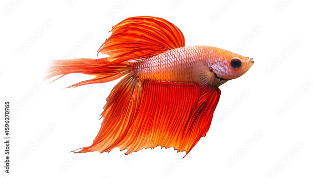 Fototapeta premium A vibrant orange Betta fish swims gracefully, its long, flowing fins and tail creating a beautiful display against a clean white background.