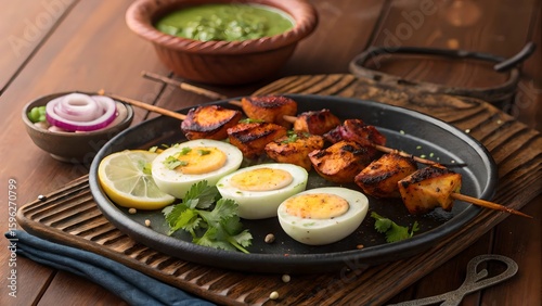 Smoky Egg Tikka in Tandoori Masala – Grilled Indian Appetizer on Rustic Wooden Table