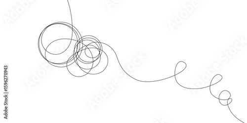 A continuous black line intertwines into spiraling loops and loose circles, creating a minimalist design against a stark white background with a sense of flowing movement